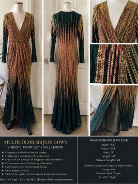 Fashion Nova Multicolor Sequin V-Neck Gown in Gold, Green, Pink